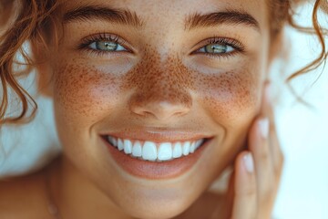 Cheerful Individual Showing Off Healthy White Teeth Touching Face to Emphasize Dental Care