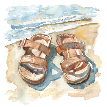 watercolor sandals on beach clip art preview