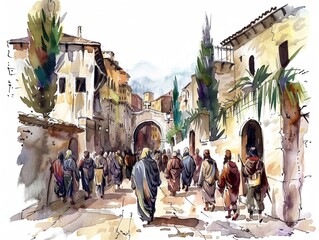 Fototapeta premium Watercolor illustration of the Via Dolorosa evoking Jesus journey