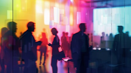 Vibrant Business Networking Event with Abstract Colorful Overlays