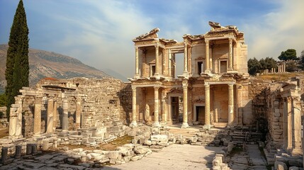 A detailed view of the ancient ruins of the Library of Celsus in Ephesus. The structure, built in the 2nd century AD, stands prominently with its ornate façade featuring columns, arches, and intricate