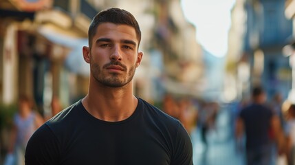 Fototapeta premium Young Caucasian Man with Short Hair Standing on a Bustling European Street in the Afternoon Light