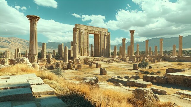 The image showcases the ruins of an ancient architecture site with a clear blue sky and partially cloudy background. Tall stone columns, some in fragments, stand throughout the site, with larger archi