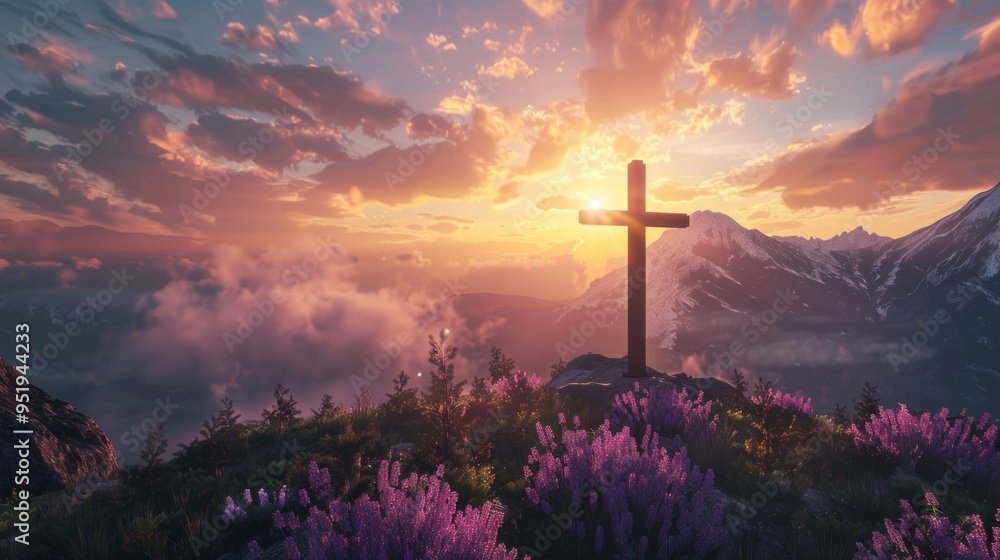 Wall mural a cross is standing on a mountain top in a field of purple flowers