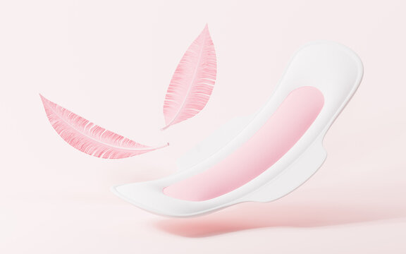 Menstrual pad and feathers, soft, light and breathable, 3d rendering.