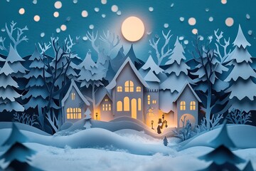Fototapeta premium Festive Winter Wonderland Created with Paper Cut Technique Highlighting Christmas Symbols