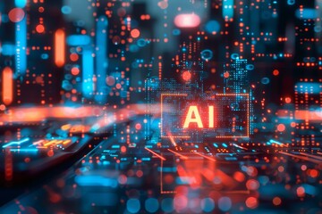 Digital illustration with the letters AI in the center of a glowing futuristic interface. Filled with abstract geometric patterns and light connections that symbolize advanced technology