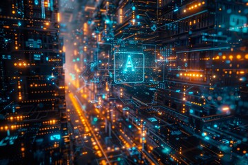 Digital illustration with the letters AI in the center of a glowing futuristic interface. Filled with abstract geometric patterns and light connections that symbolize advanced technology