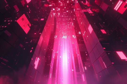 Digital illustration with the letters AI in the center of a glowing futuristic interface. Filled with abstract geometric patterns and light connections that symbolize advanced technology - Powered by Adobe