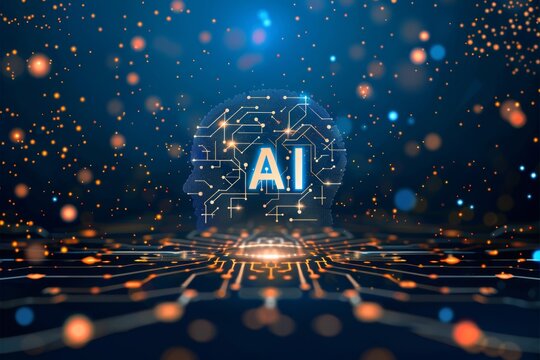 Digital illustration with the letters AI in the center of a glowing futuristic interface. Filled with abstract geometric patterns and light connections that symbolize advanced technology