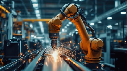 Industrial setting with a robotic arm welding metal and sparks flying
