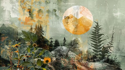 Abstract Nature Collage with Yellow Circle and Mountain Landscape
