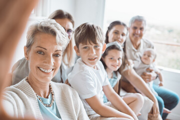 Grandmother, family and children with selfie on sofa, smile and portrait in living room for reunion. People, parents and kids with generations, photography and happy memory on social media in Greece