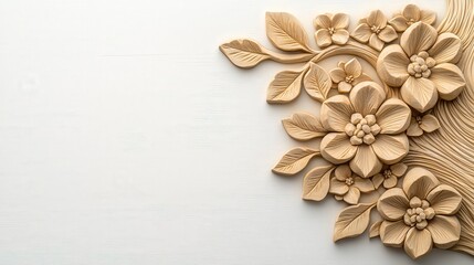 Fototapeta premium A tree trunk with carved floral designs, set against a bright, clean background, emphasizing the organic, nature inspired patterns