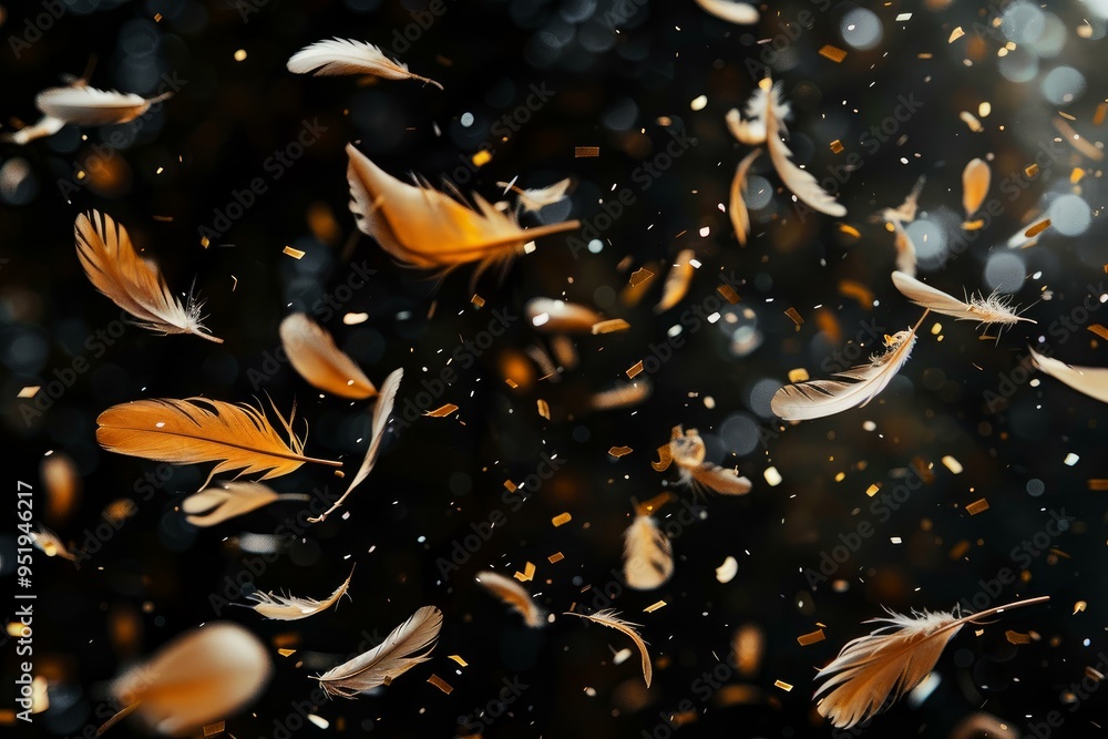 Poster tranquil scene with delicate feathers and shimmering particles gently descending against a dark back
