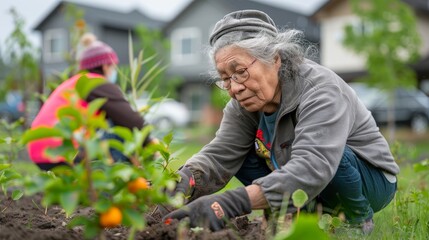 Fototapeta premium Senior Woman Planting a Tree in a Garden