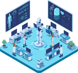 Isometric AI Robot Assisting Team of Medical Professionals In Lab