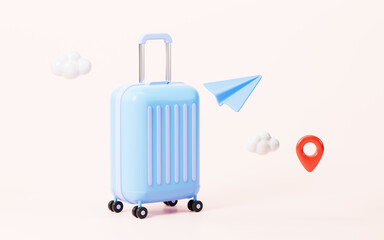 Cartoon paper plane and luggage, tourism theme, 3d rendering.