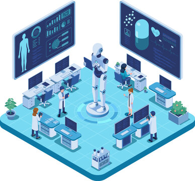 Isometric AI Robot Assisting Team of Medical Professionals In Lab