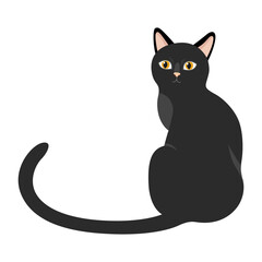 Black domestic cat. Cat silhouette, elegant black cat. Black witch Halloween cat. Vector illustration isolated on white.