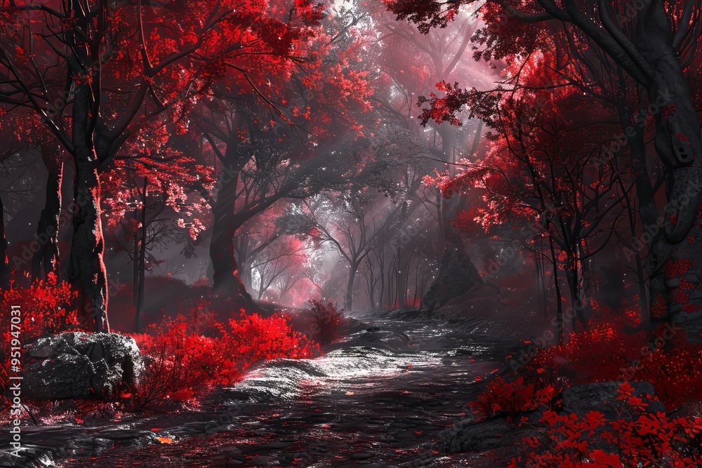 Poster mysterious forest scene with a mystical red foliage and a stone path under a twilight canopy