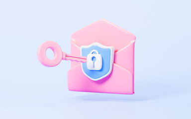 Cartoon mail with shield, unlock encrypted email , 3d rendering.