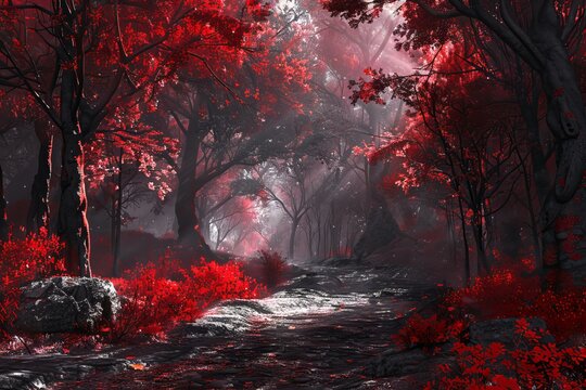 Mysterious forest scene with a mystical red foliage and a stone path under a twilight canopy