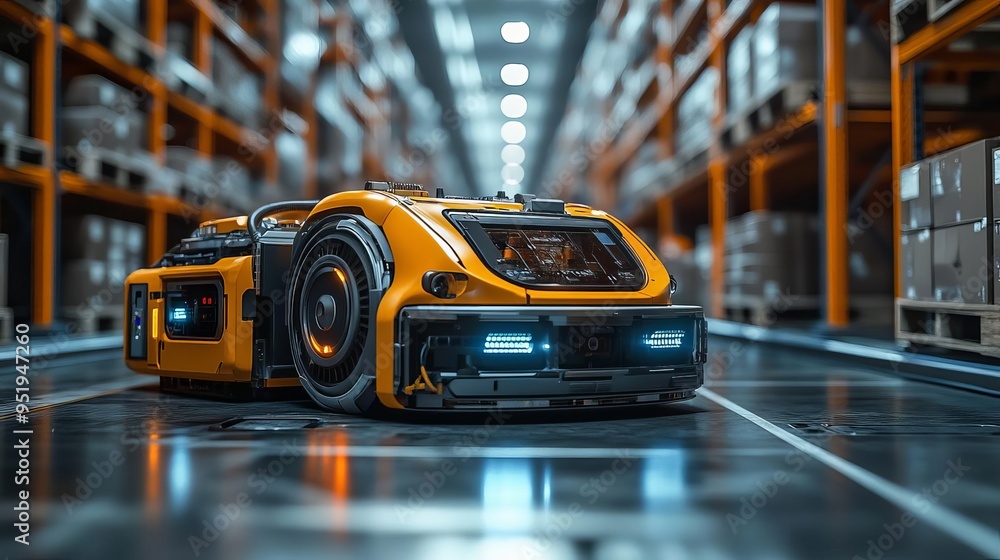 Aufkleber a close-up of robotic systems and automated vehicles working together in a logistics warehouse, show