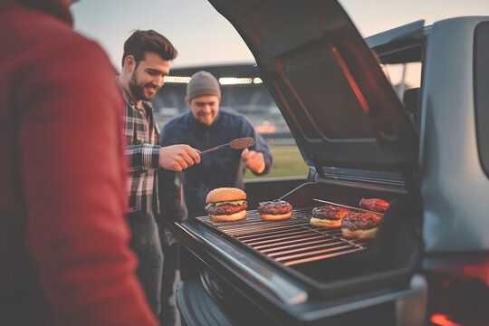 Group of friends grilling burgers on a portable grill at a tailgating event. Close-up