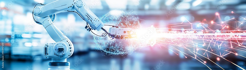 Aufkleber a detailed view of a logistics warehouse with robotic arms and self-driving vehicles working in harm