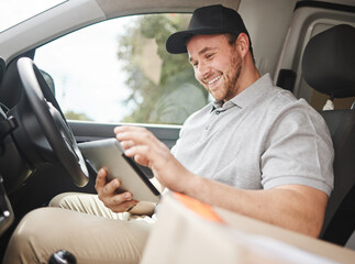 Portrait, tablet and delivery man in van to search for directions to location or address for...