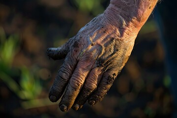 Detailed view of a weathered and dirty hand, symbolizing hard work and agriculture