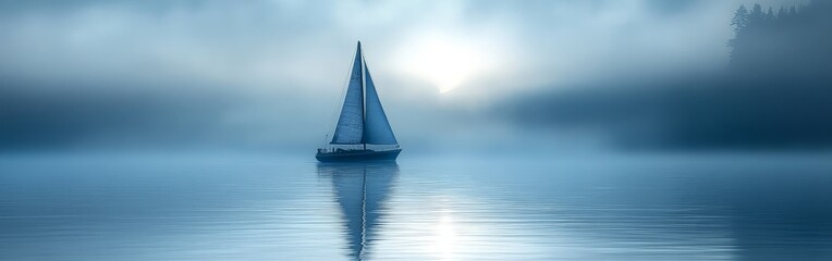 Serene Sailboat Reflected on a Misty Morning Lake