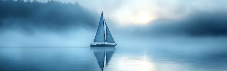 Fototapeta premium Serene Sailboat Reflected on a Misty Morning Lake