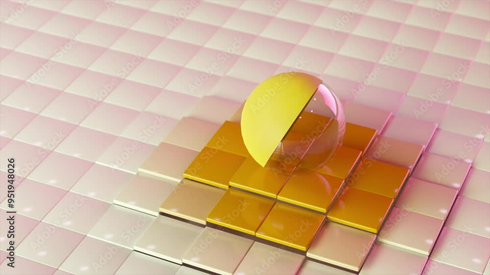 Poster modern abstract composition featuring a yellow and transparent sphere on glossy yellow tiles, surrou