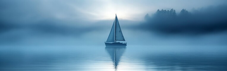 Serene Sailboat Reflected on a Misty Morning Lake