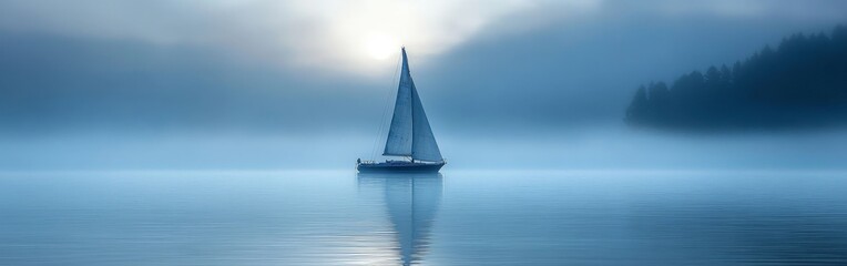 Serene Sailboat Reflected on a Misty Morning Lake