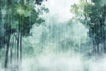 Naklejka premium A painting of a forest with a body of water in the foreground