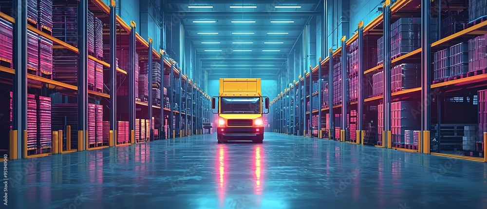 Aufkleber a futuristic warehouse where robotics and autonomous vehicles work in tandem, ensuring seamless dist