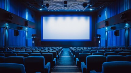 Movie theater featuring a white screen and blue seating rows.
