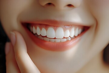 Obraz premium Person Touching Their Face and Chin Displaying Bright White Teeth to Highlight Dental Health