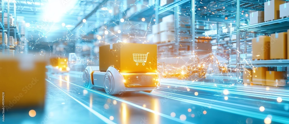 Poster a high-tech distribution center where robotics and self-driving vehicles are integrated into logisti