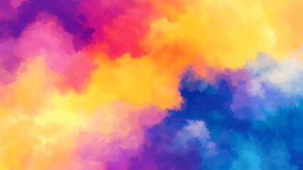 An abstract watercolor background with vibrant colors and soft clouds, in shades of yellow, orange, purple, and blue.