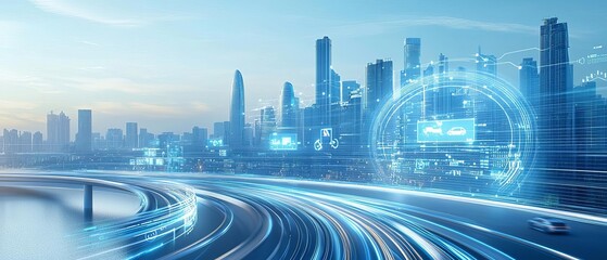 A high-tech logistics hub with real-time data on the integration of robotics, automated vehicles, and distribution management for seamless development