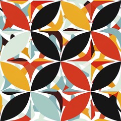 Fototapeta premium A vibrant, geometric pattern consisting of overlapping and intersecting shapes. The design is composed of large, symmetrical petal-like forms in bold colors including black, red, orange, and light blu