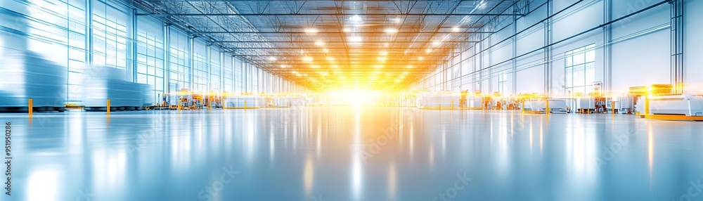Poster a modern warehouse where robotics and self-driving vehicles collaborate to optimize logistics distri