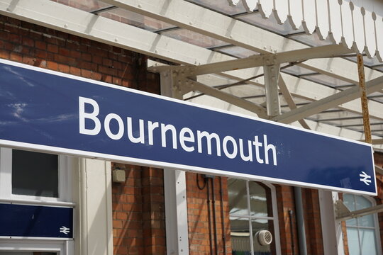 Sign of Bournemouth railway station in Dorset England. Train station sign