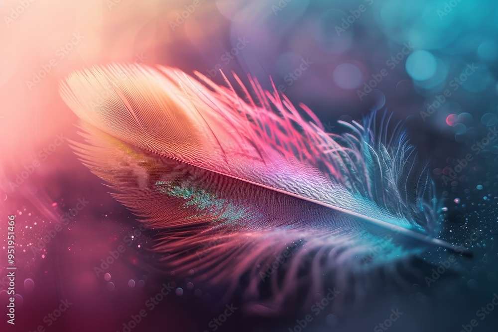 Poster abstract macro shot of a feather with vivid neon colors on a bokeh backdrop