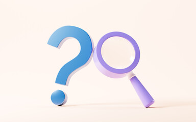 Question mark sign and book, magnifying glass , find the answer, 3d rendering.