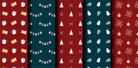 Set of Christmas vector seamless pattern. Merry Christmas and Happy New Year. Christmas symbols background. Vector red and blue seamless illustration
